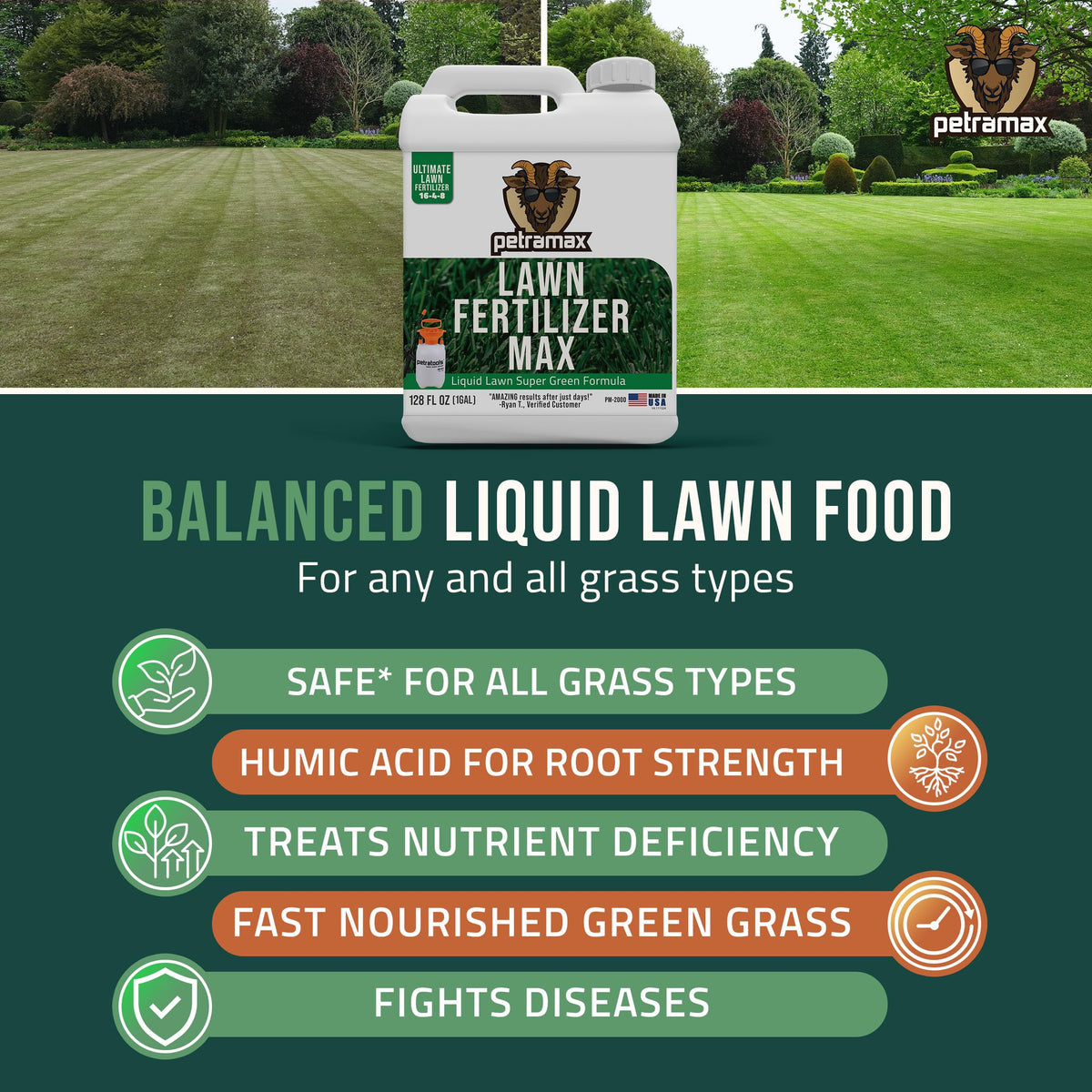 Diluted PetraMax mix being applied to a sunny lawn for quick green-up.