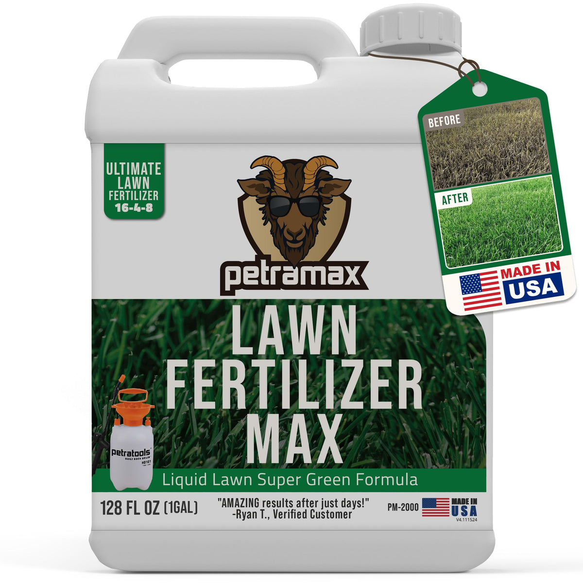 PetraMax bottle front showing balanced fertilizer for lush green lawns.
