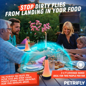 PETRI Fly Fans for Tables airflow demonstrates a fly free zone during outdoor use