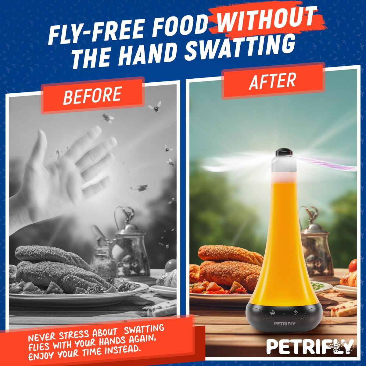 PETRI Fly Fans amber light feature deters bugs during meals outdoors