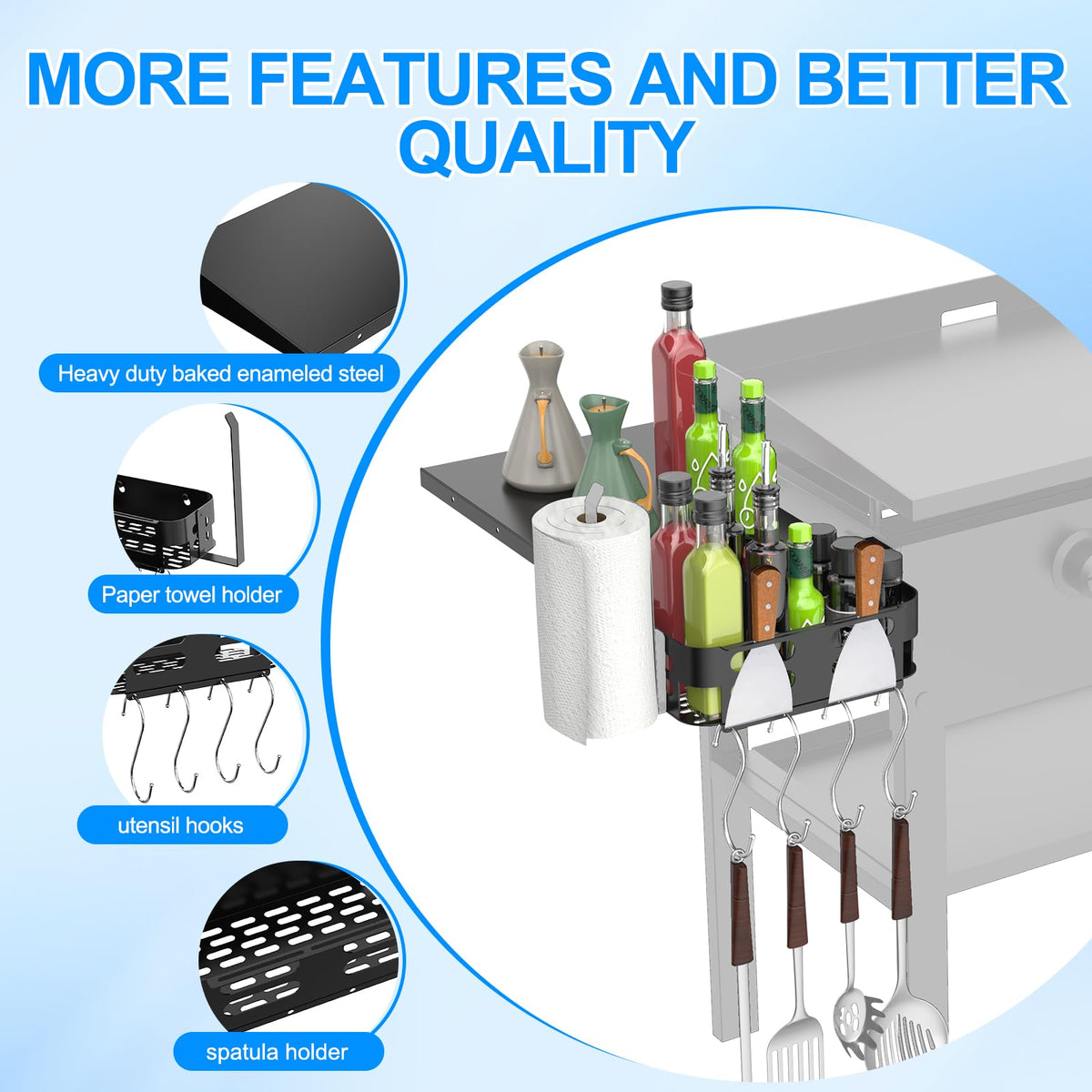 Petrirufun griddle caddy with four utensil hooks for tools