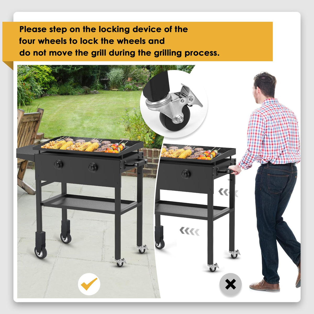 Compact package includes two wheels and brakes for versatile griddle access.