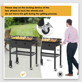 Compact package includes two wheels and brakes for versatile griddle access.