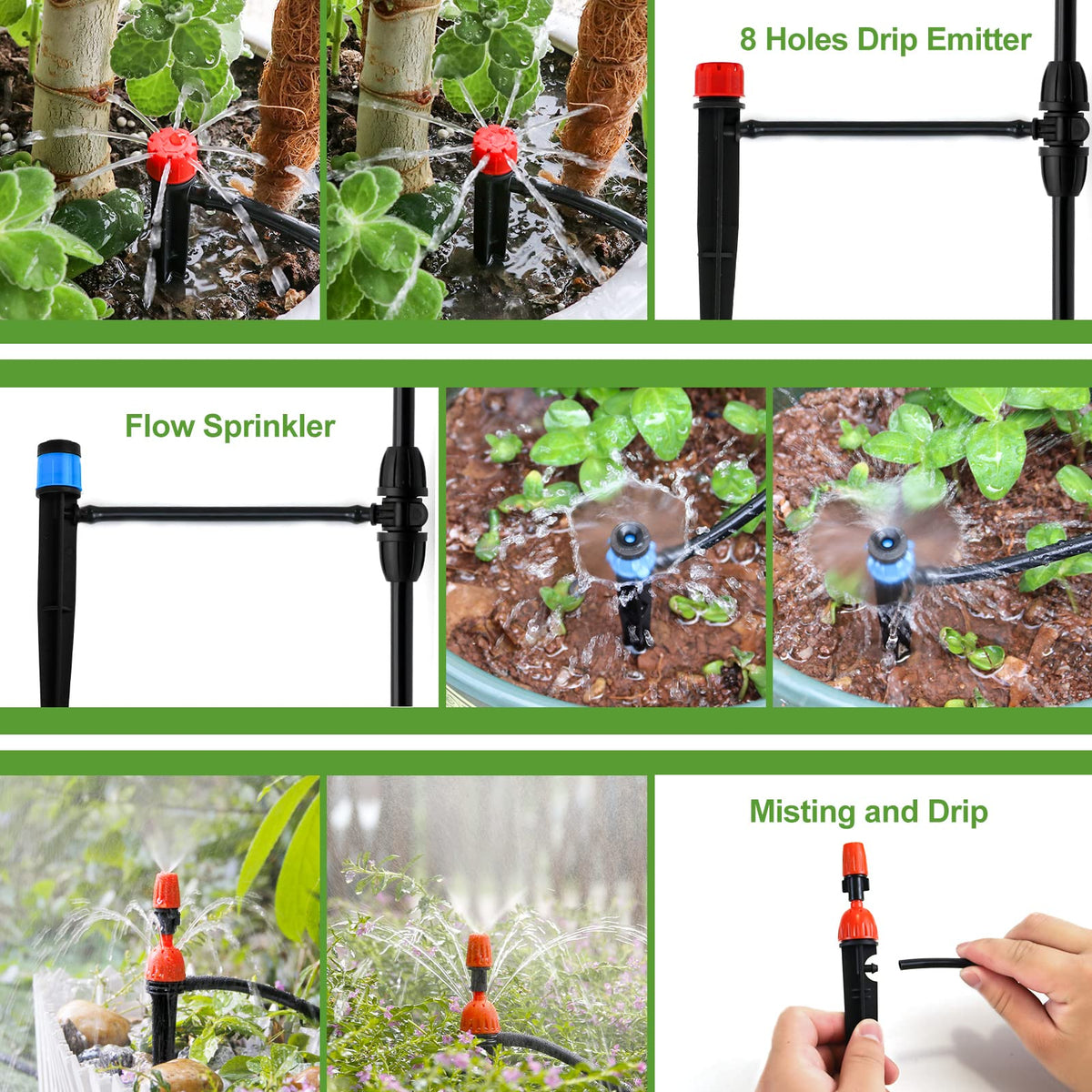 PETUOL emitters showcase three types delivering precise moisture to beds and pots.