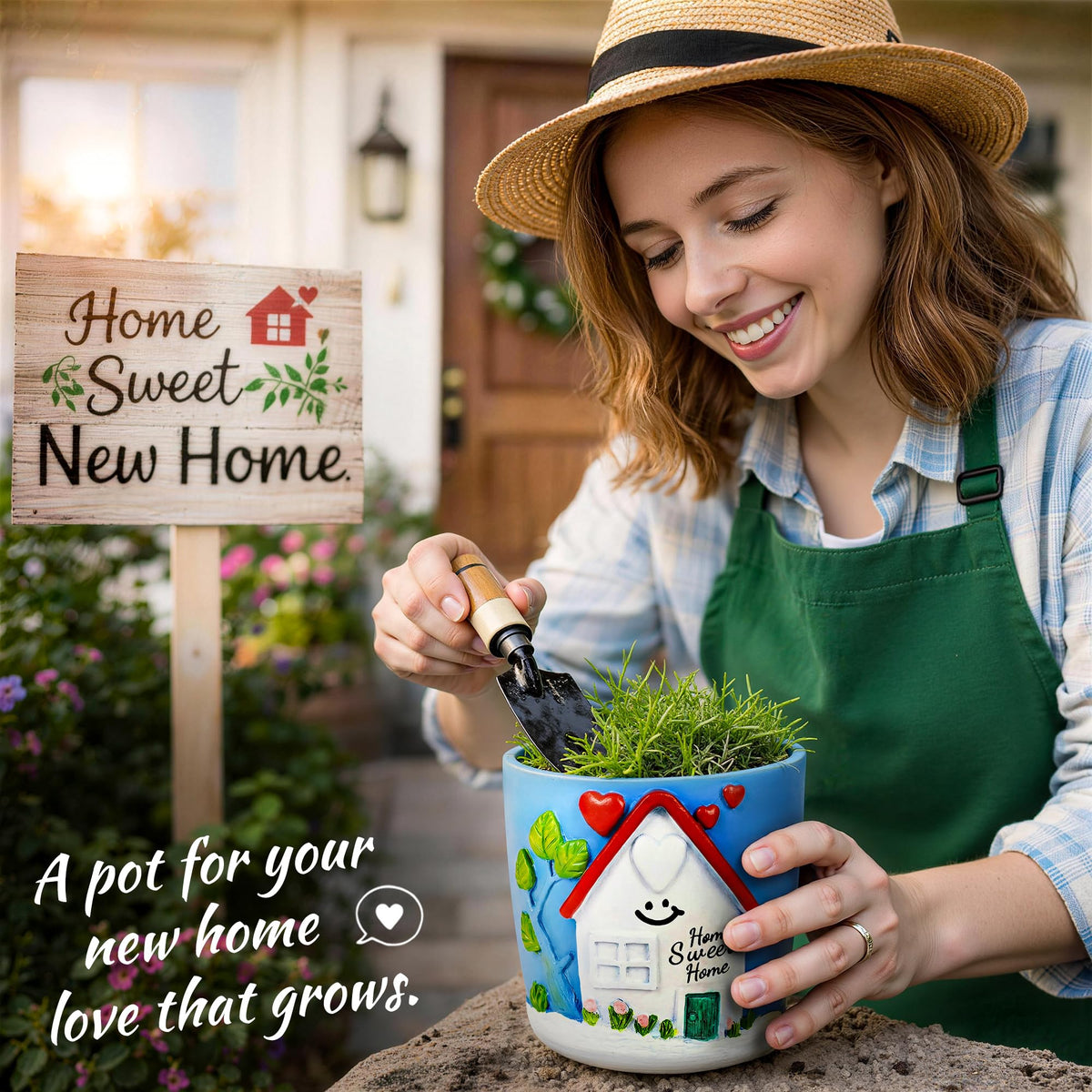 PEVOROS resin garden pot with house motif for durable decor