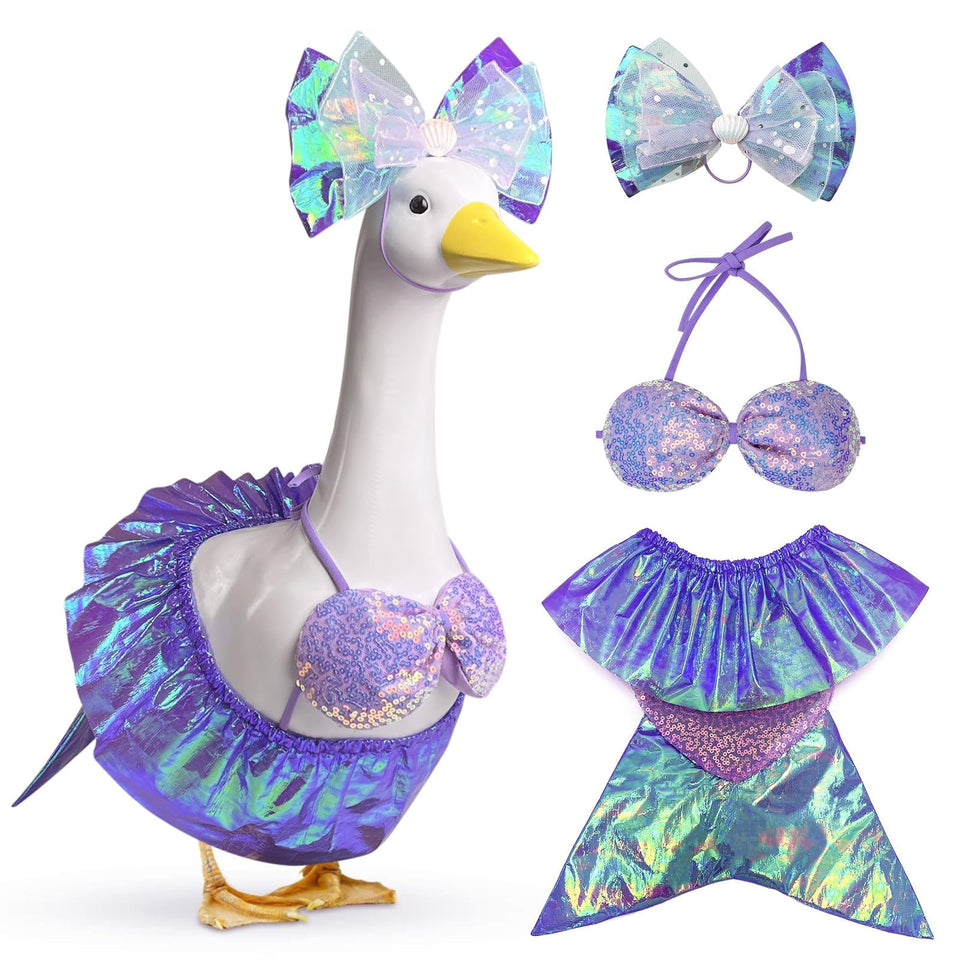 Pextian Mermaid Goose Outfit with purple bow on 23-inch goose for charming porch display