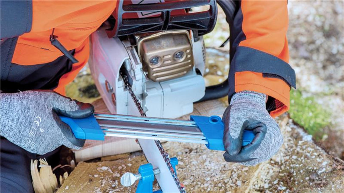 PFERD CS-X 2-in-1 tool sharpens and sets depth gauge in one pass.