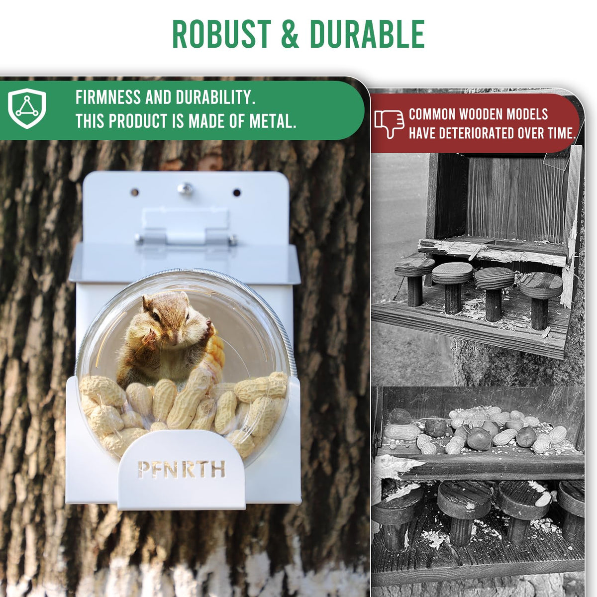 PFNRTH squirrel feeder iron frame close-up highlights durable construction that resists gnawing