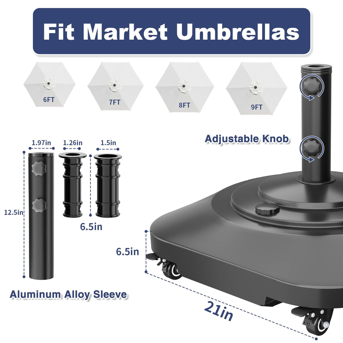 PGGP umbrella base with aluminum sleeve (12.5in) for sturdy umbrella support.