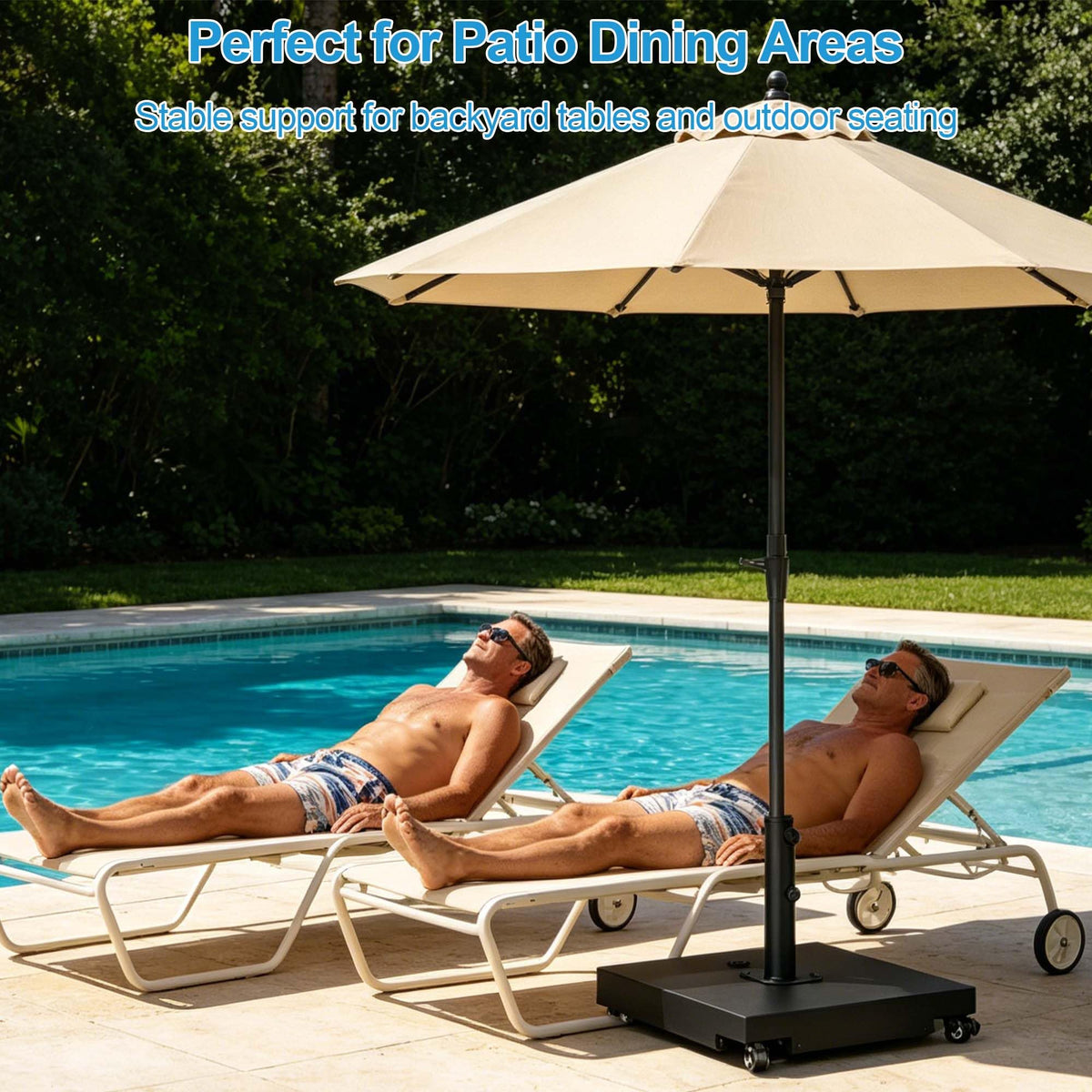PGGP umbrella base works on patios, poolsides, beaches, and lawns