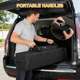 Front-pocket storage keeps stakes and repair kits within easy reach