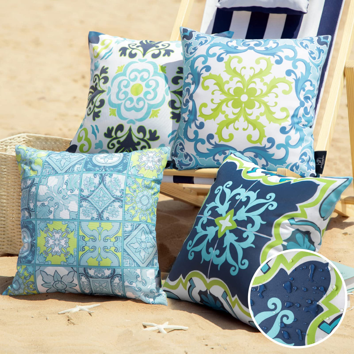 Phantoscope outdoor pillow cover in geometric blue-green tiles for patio decor.