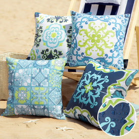 Phantoscope outdoor pillow cover in geometric blue-green tiles for patio decor.