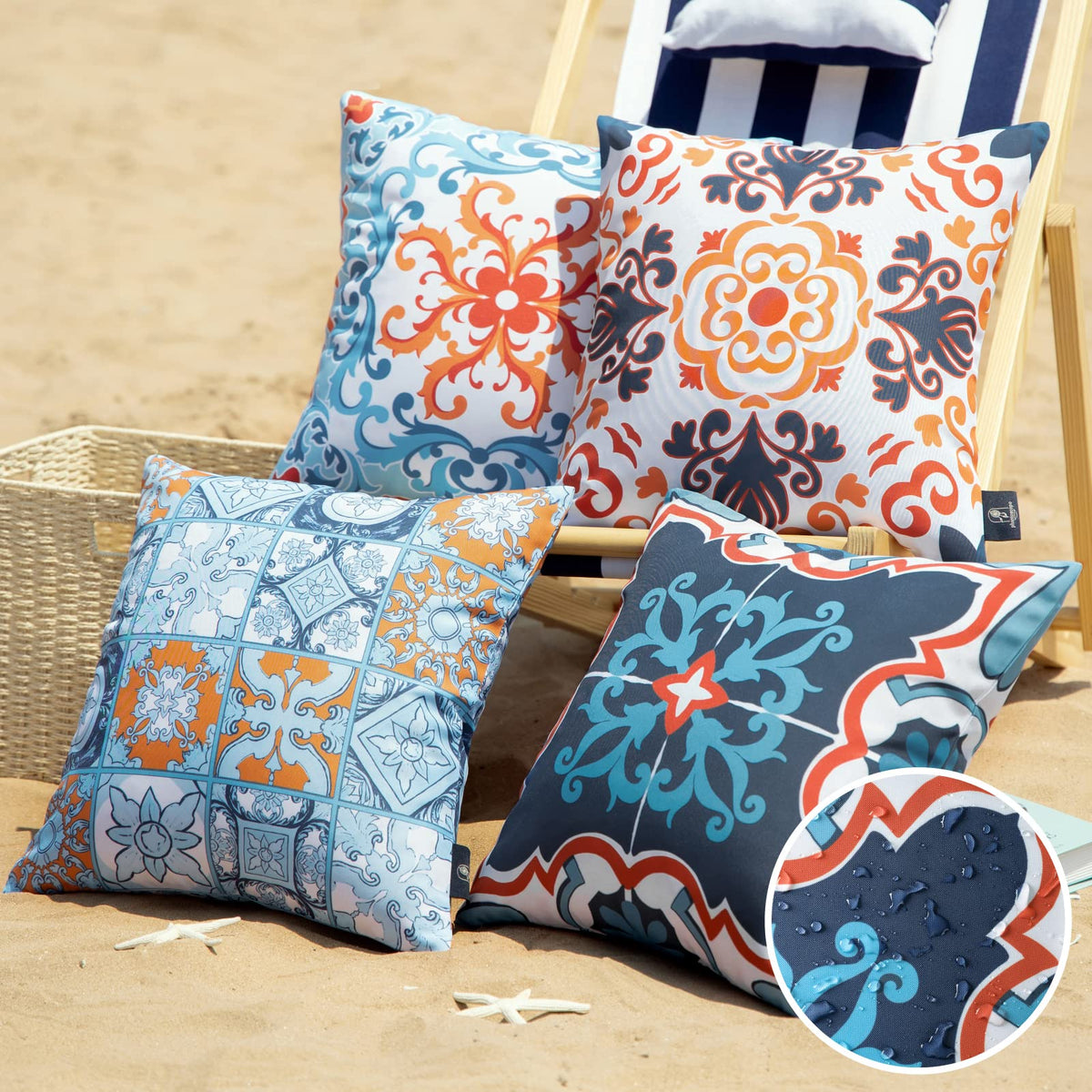 Phantoscope geometric boho outdoor pillow cover in blue and orange for patio decor.
