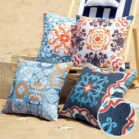 Phantoscope geometric boho outdoor pillow cover in blue and orange for patio decor.