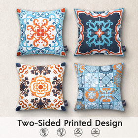 Phantoscope geometric boho outdoor pillow cover in blue and orange for patio decor (2nd angle).