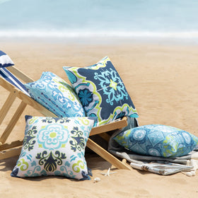 Phantoscope pillow cover closeup shows tile pattern inspired by Mediterranean art.