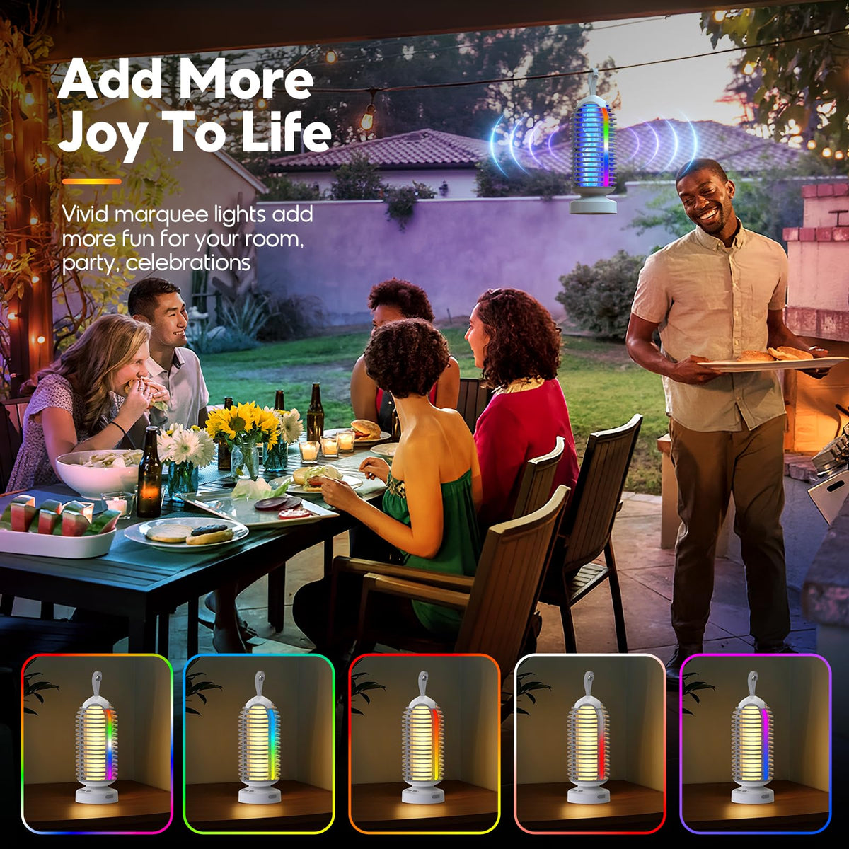 PhatroyYee Zapper showcases color-changing marquee lights for camping ambiance.