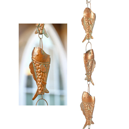 Phaxth Copper Patina Rainbow Trout rain chain top view enhances gutter aesthetics