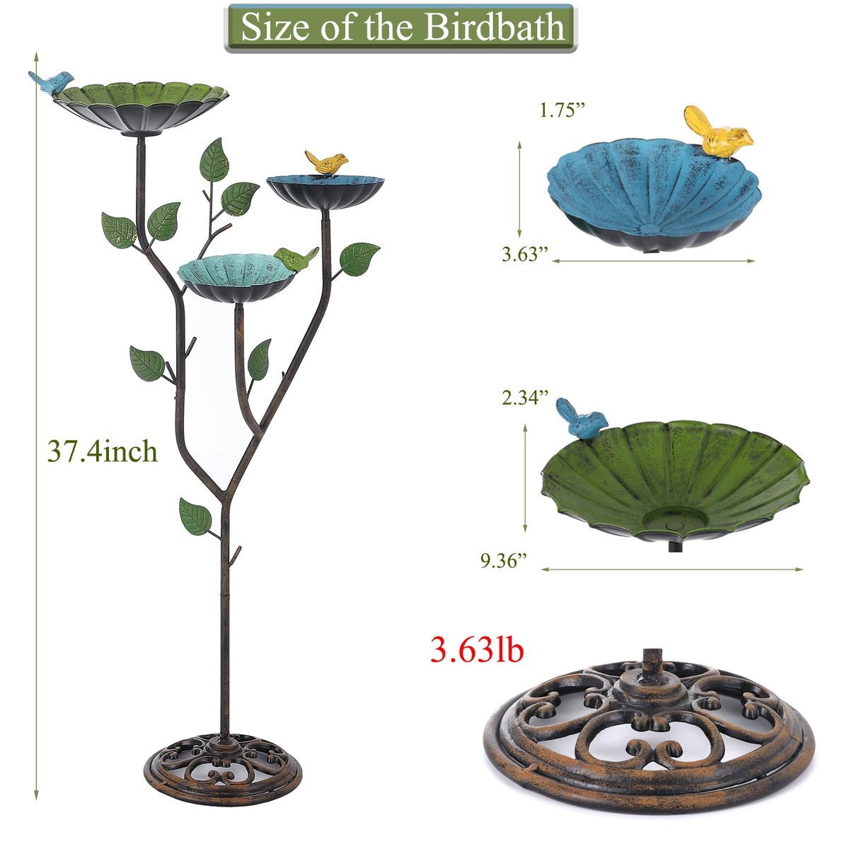Phaxth metal bird bath bowl 9.4 inch diameter for safe bathing