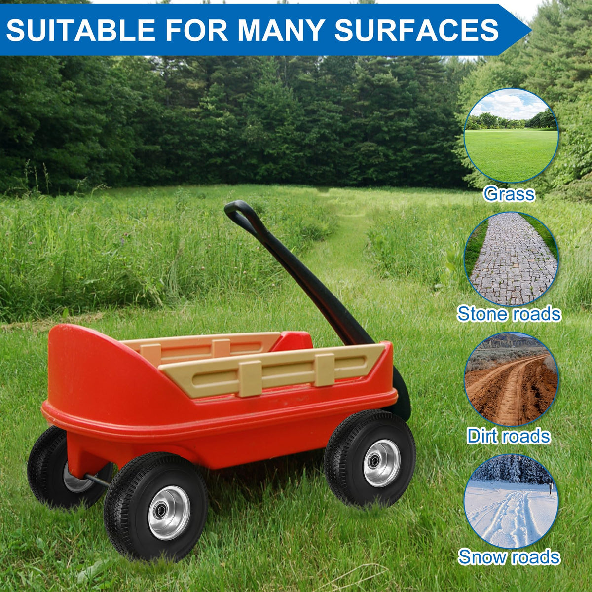 Phepetroll ideal for garden carts across grass, dirt, and pavement.