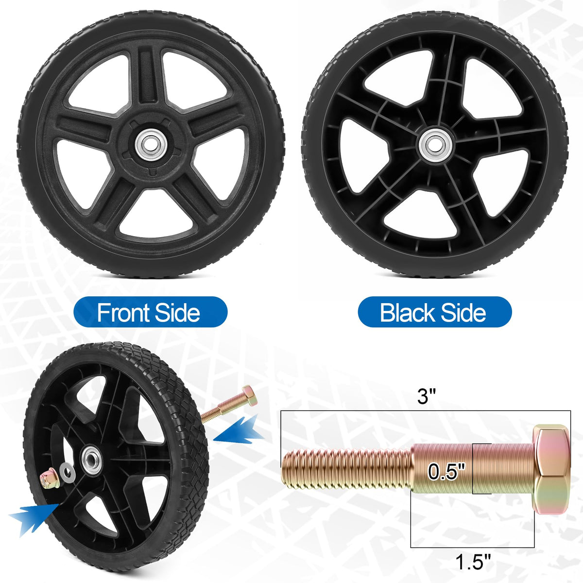 Phepetroll plastic replacement tires resist cracking and fading in sun.