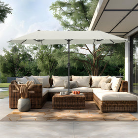 PHI VILLA 13ft double-sided umbrella shading a group outdoors, ivory canopy