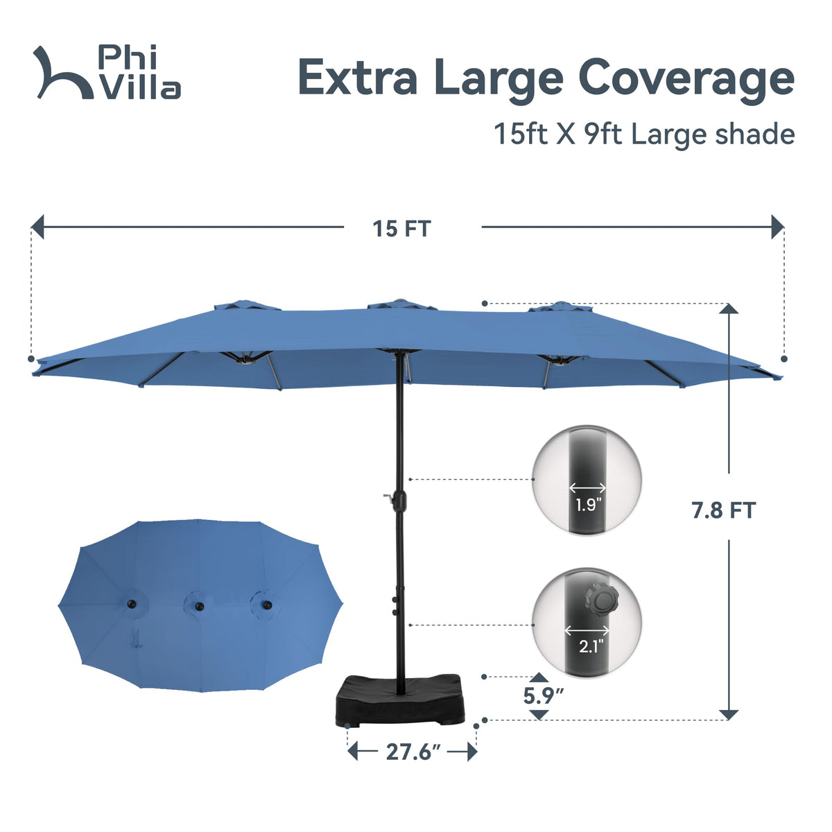 PHI VILLA 15ft patio umbrella open with expansive shade for outdoor gatherings.