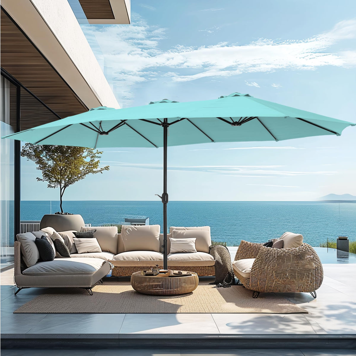 PHI VILLA 15ft patio umbrella setup delivering broad shade for outdoor gatherings.