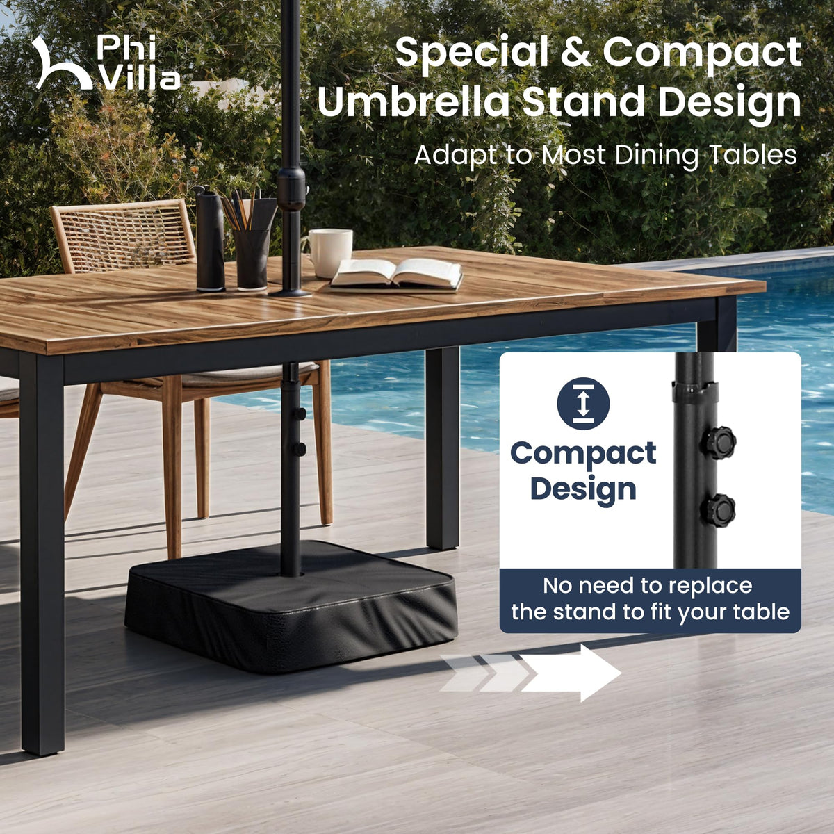 PHI VILLA compact umbrella stand fits most tables for quick setup.