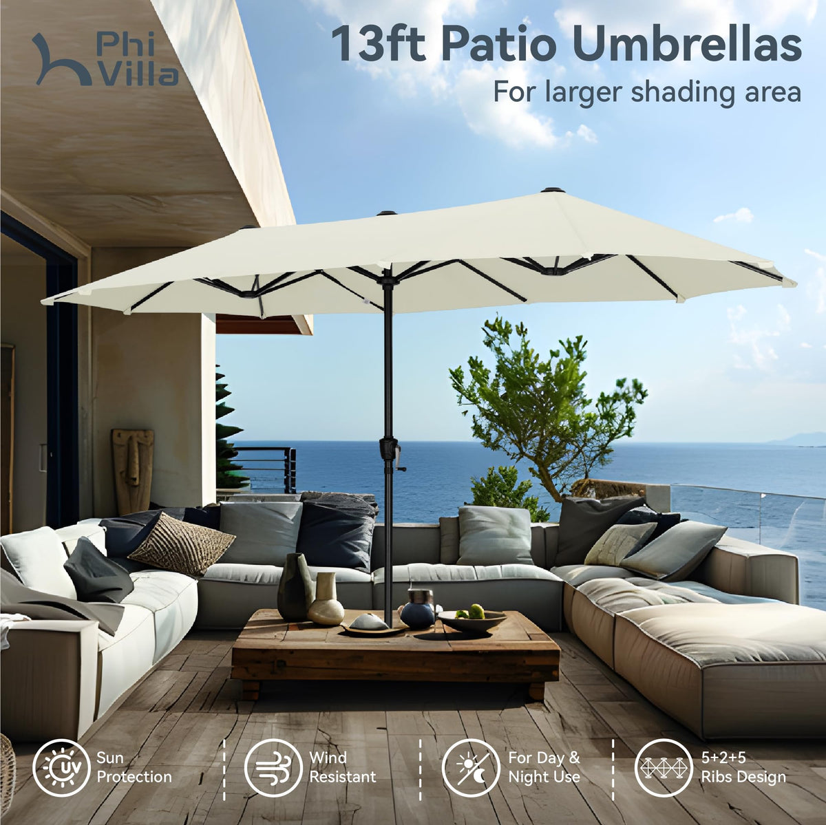 PHI VILLA umbrella protecting guests from sun at backyard lounge