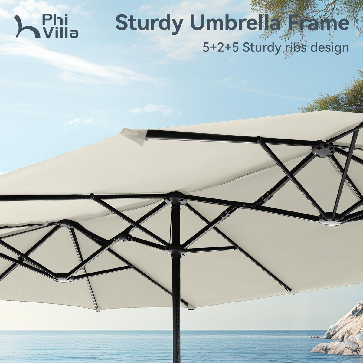 PHI VILLA 13ft umbrella dimensions shown over outdoor furniture