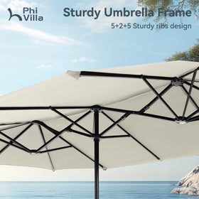 PHI VILLA 13ft umbrella dimensions shown over outdoor furniture