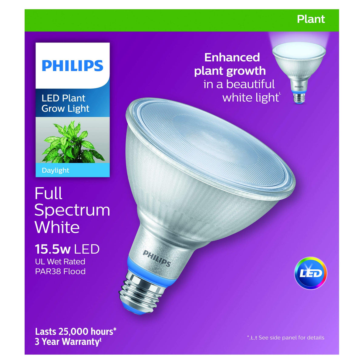Philips LED PAR38 with 50-degree beam angle for even plant illumination.