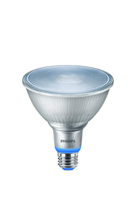 Philips LED PAR38 bulb close-up highlighting compact grow light for healthy plant growth.