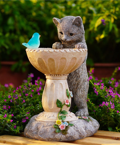 Philodwell cat statue beside a bird bath adds whimsical outdoor charm