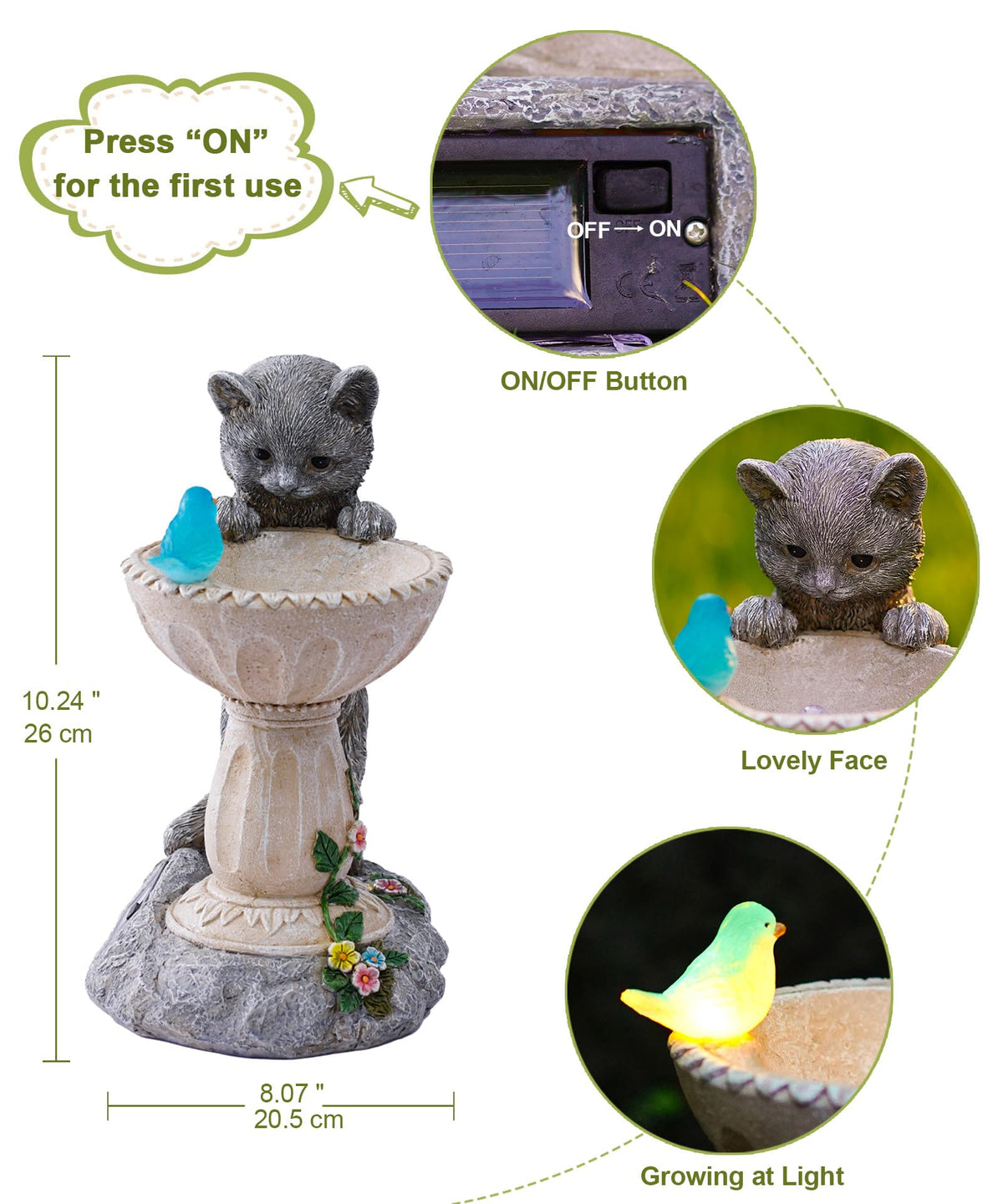 Philodwell cat statue glows softly at dusk after sun charging