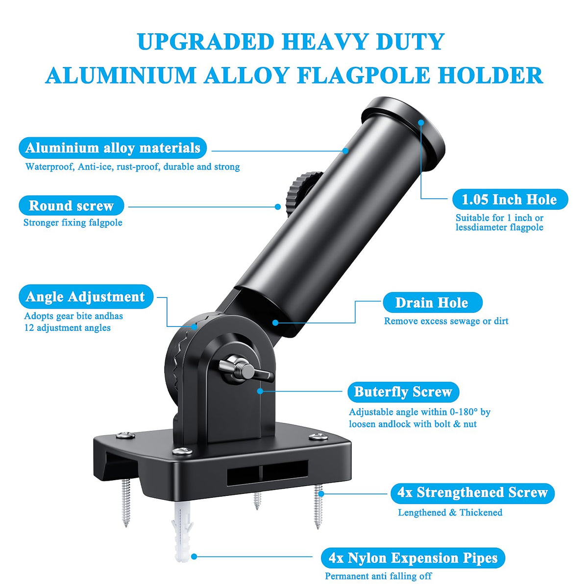 PHITRIC heavy-duty aluminum flag holder provides sturdy support in all weather.