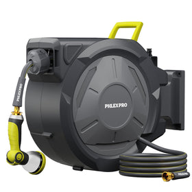 PHLEX PRO 115ft retractable hose reel mounted on wall for tidy watering control.