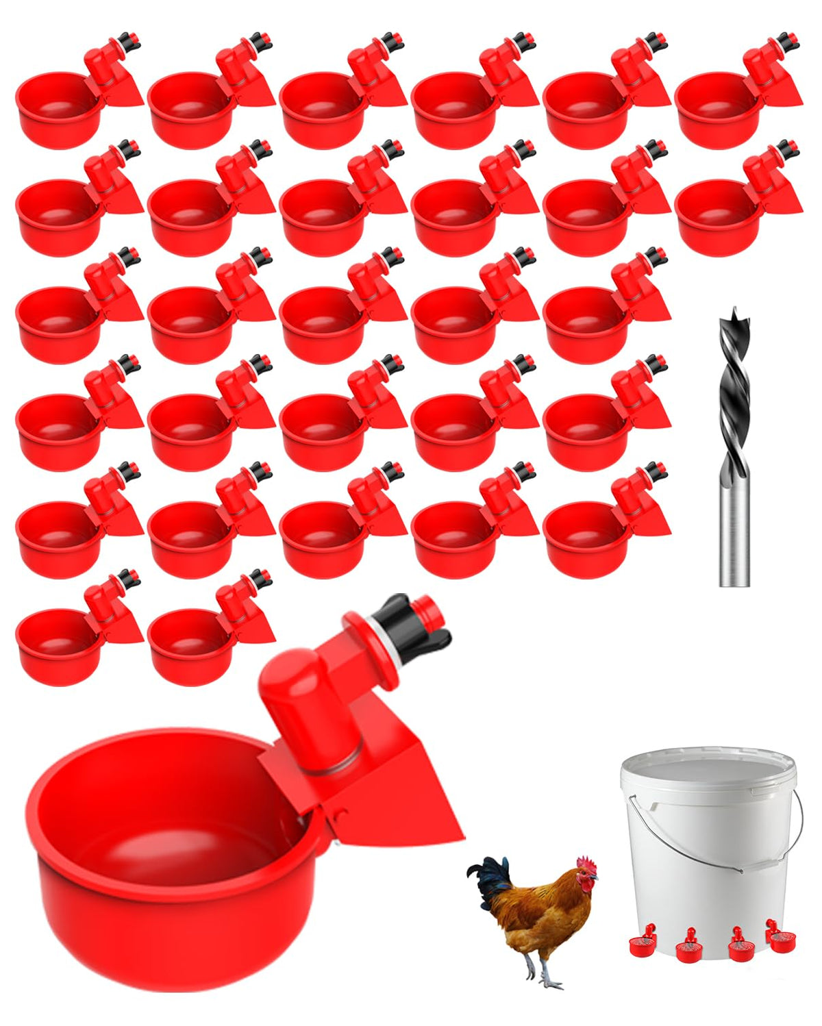 PHOEGRAY water cups in coop showing bright red color for easy visibility and steady water supply.