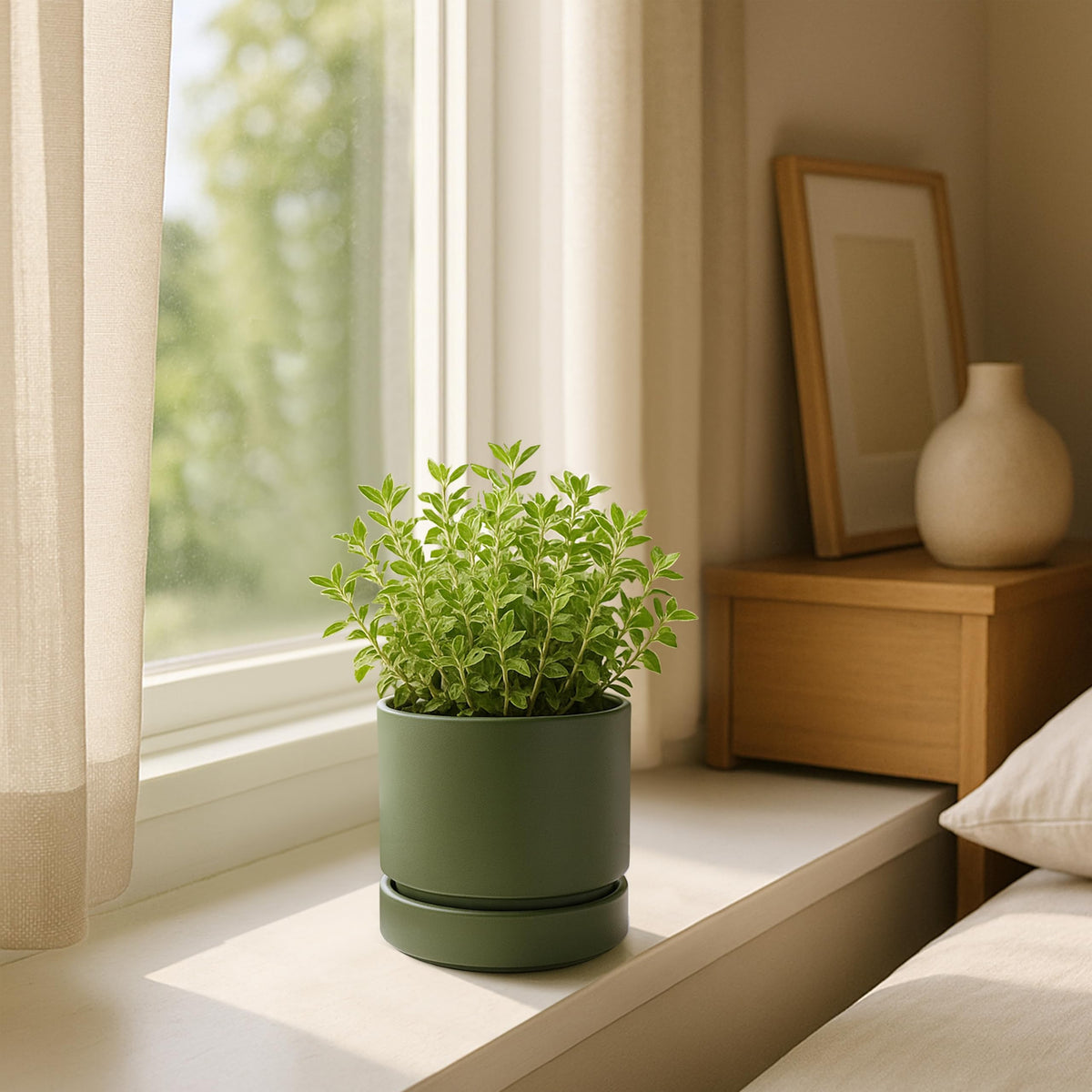 Phoenix Vine 4-Inch Olive Planter on a windowsill, perfect for herbs and succulents.