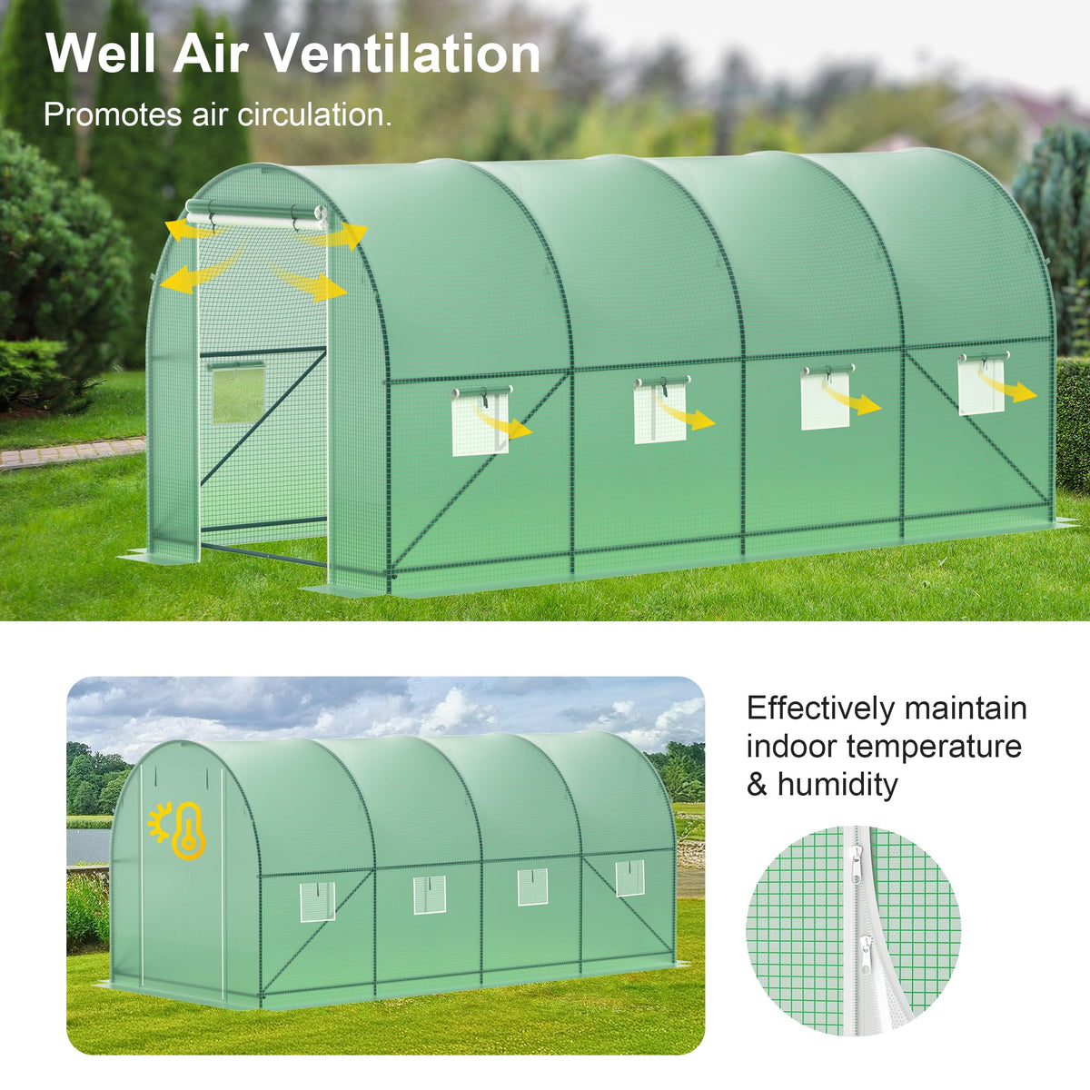 Phonjoroo Greenhouse double-zipper door helps keep bugs out and warm air in