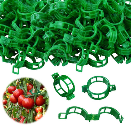 Phueglado 100pcs green tomato clip securing vines to a trellis.