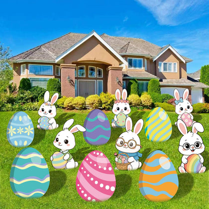 PhyLence Easter bunny yard sign setup with stakes for quick outdoor installation.