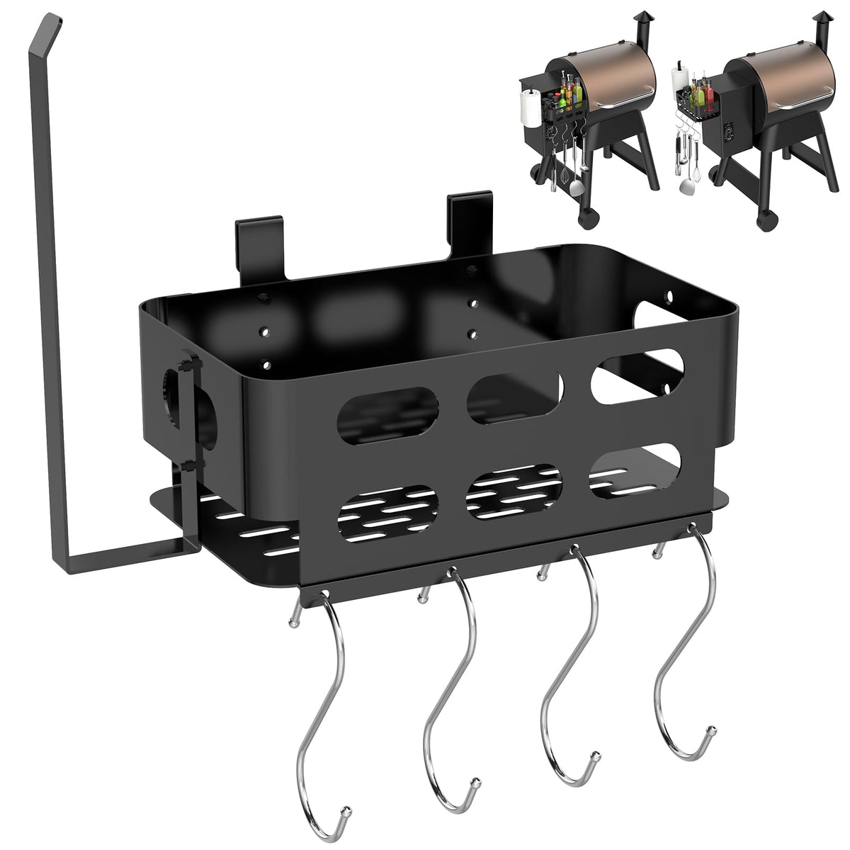 PHYESUVIN storage bin with 4 hooks and towel holder for Traeger Pro grills.