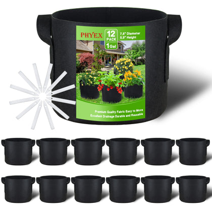 PHYEX 12-pack 1 gallon grow bags with sturdy handles for easy relocation.