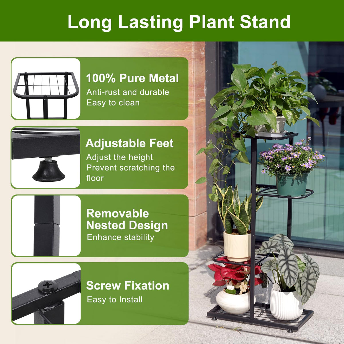 Phyluckny indoor-outdoor plant stand with rust-resistant frame for outdoor use