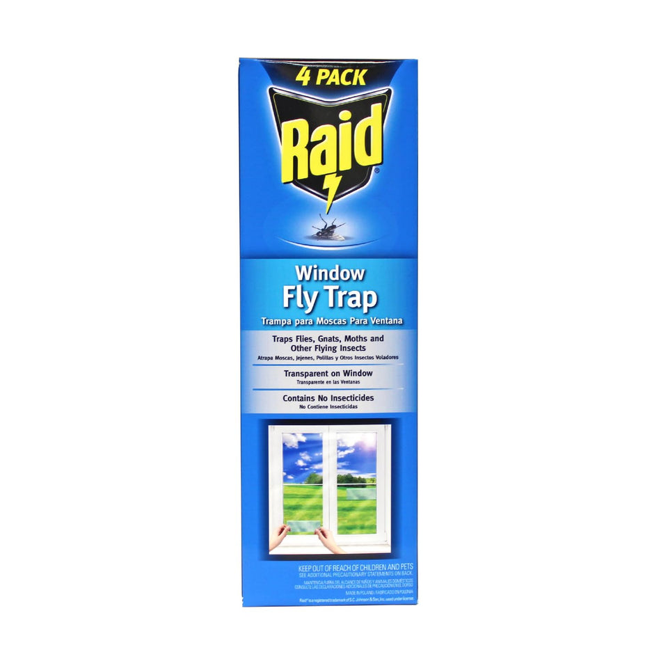 PIC Raid Window Fly Trap 4-pack front view with clear protection on a window
