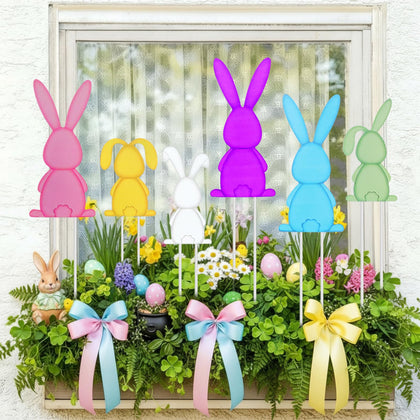 Pickmesh Easter yard stake with multicolor bunnies brightens the garden.