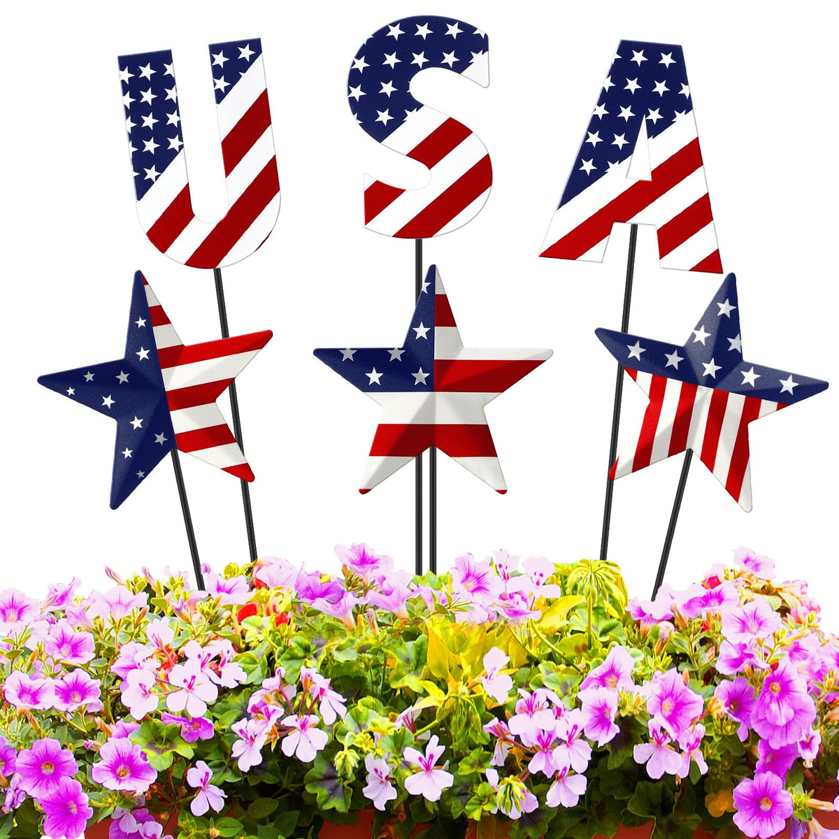 Pickmesh patriotic yard sign with flag design, hand-painted for outdoor resilience.